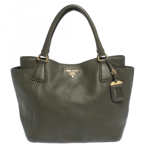 Pre Owned Prada Militare Green Daino Leather Sacca 2 Manici Tote