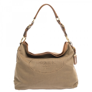 Pre Owned Prada Brown/Beige Logo Jacquard Canvas and Leather Hobo