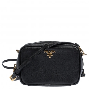 Pre Owned Prada Black Saffiano Lux Leather Mini Camera Crossbody Bag