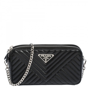 Pre Owned Prada Black Diagramme Leather Double Zip Shoulder Bag