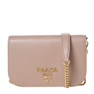 Pre Owned Prada Beige Saffiano Leather Flap Chain Clutch
