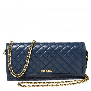 Pre Owned Prada Blue Quilted Leather Wallet on Chain