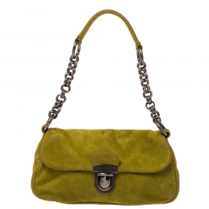 Pre Owned Prada Green Suede Flap Baguette Bag