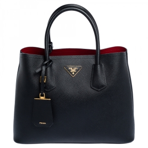 Pre Owned Prada Black Saffiano Cuir Leather Medium Double Handle Tote
