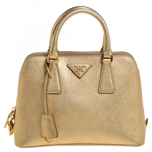 Pre Owned Prada Gold Saffiano Lux Leather Small Promenade Bag