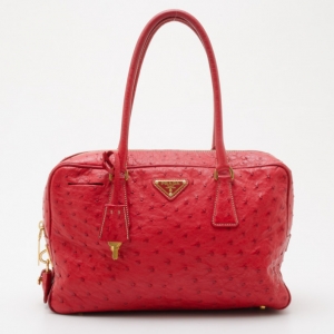 Pre Owned Prada Red Ostrich Top Handle Satchel