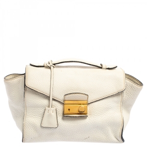 Pre Owned Prada White Vitello Daino Leather Sound Flap Top Handle Bag