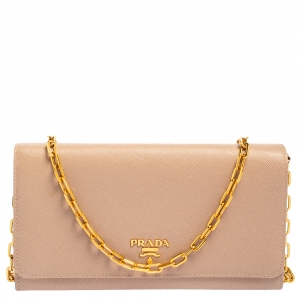 Pre Owned Prada Beige Saffiano Metal Leather Wallet on Chain