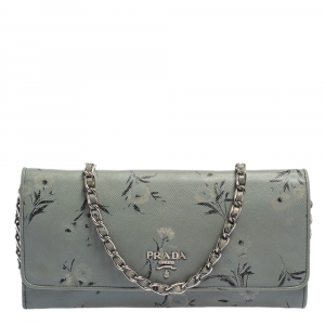 Pre Owned Prada Pale Blue Floral Print Saffiano Leather Wallet On Chain