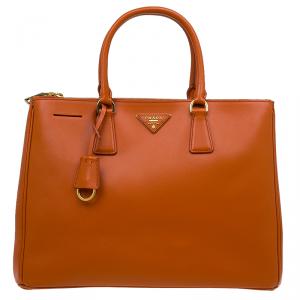 Pre Owned Prada Papaya Saffiano Lux Leather Large Double Zip Tote Bag