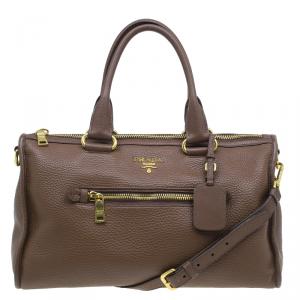 Pre Owned Prada Brown Vitello Daino Leather Bauletto Satchel