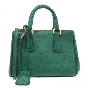 Pre Owned Prada Green Ostrich Leather Mini Double Zip Crossbody Bag