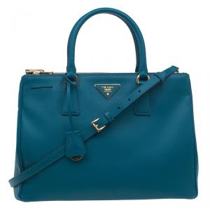 Pre Owned Prada Teal Green Saffiano Lux Leather Medium Double Zip Tote