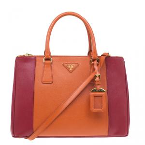 Pre Owned Prada Orange/Red Saffiano Lux Leather Medium Double Zip Tote