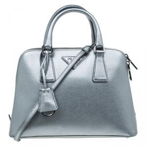 Pre Owned Prada Silver Saffiano Leather Small Vernice Promenade Top Handle Bag