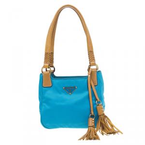 Pre Owned Prada Sky Blue Tessutto Vitello Leather Tassel Tote