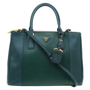 Pre Owned Prada Green Bicolor Saffiano Lux Leather Medium Double Zip Tote