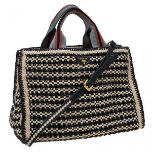 Pre Owned Prada Beige/Black Woven Goatskin Leather Madras Tote