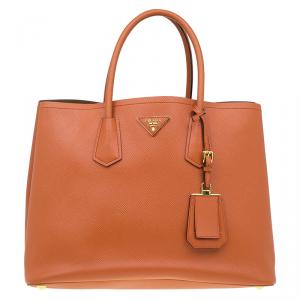 Pre Owned Prada Orange Saffiano Leather Double Handle Tote 