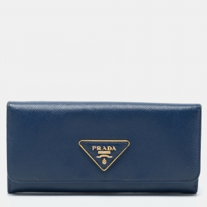 Pre Owned Prada Blue Saffiano Leather Continental Wallet