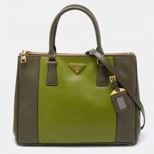 Pre Owned Prada Two Tone Green Saffiano Lux Leather Medium Double Zip Tote