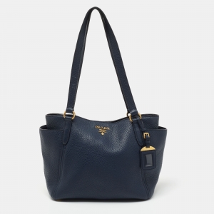 Pre Owned Prada Blue Vitello Daino Leather Side Pocket Tote
