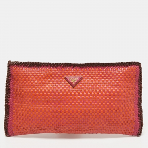 Pre Owned Prada Tri Color Woven Madras Leather Zip Clutch