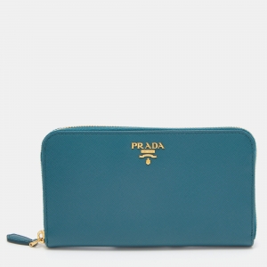 Prada Teal Blue Saffiano Metal Leather Zip Around Wallet
