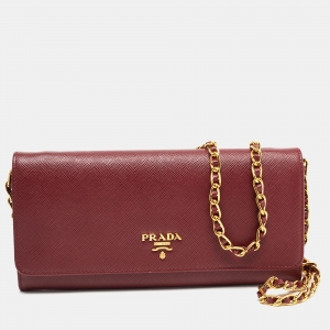 Prada Dark Red Saffiano Metal Leather Wallet On Chain