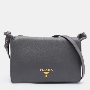 Prada Grey Leather Flap Crossbody Bag