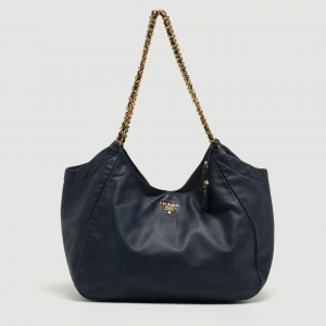 Prada Navy Blue Leather Chain Handle Hobo