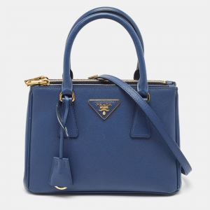 Pre Owned Prada Blue Saffiano Lux Leather Small Galleria Double Zip Tote