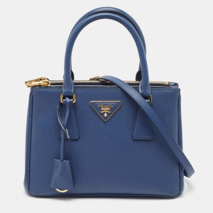 Prada Blue Saffiano Lux Leather Small Galleria Double Zip Tote