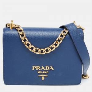 Pre Owned Prada Blue Saffiano Lux Leather Pattina Shoulder Bag