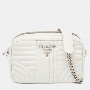 Prada White Quilted Leather Diagramme Crossbody Bag