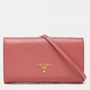 Prada Pink Saffiano Leather Flap Wallet On Strap
