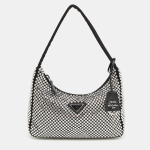Prada Black Satin Crystals Re-Edition 2000 Baguette Bag