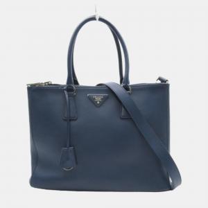 Pre Owned Prada Blue Leather Medium Saffiano Lux Double-Zip Galleria Tote Bag
