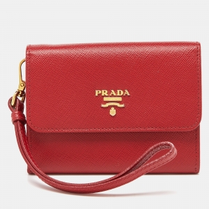 Prada Red Saffiano Metal Leather Logo Wristlet Compact Wallet