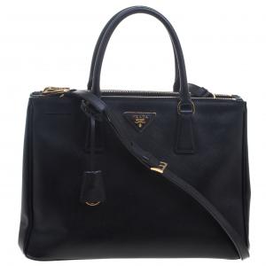 Pre Owned Prada Black Saffiano Lux Leather Double Zip Tote
