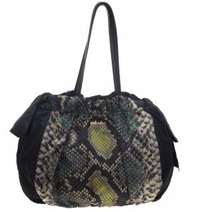 Pre Owned Prada Black Green Python Print Nylon St. Pitone Hobo
