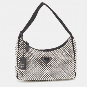 Prada Black Satin Crystals Re-Edition 2000 Baguette Bag