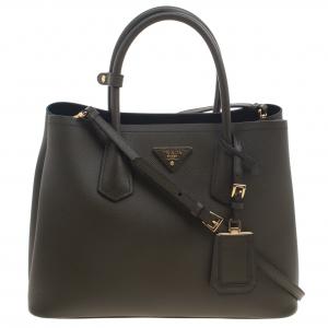 Pre Owned Prada Olive Green Saffiano Cuir Leather Convertible Tote