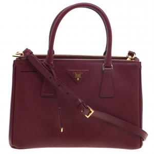 Pre Owned Prada Burgundy Saffiano Lux Leather Small Double Zip Tote