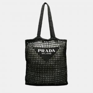 Prada Black Natural Material Raffia Logo Tote Bag