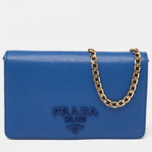 Pre Owned Prada Blue Saffiano Leather Wallet on Chain
