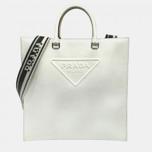 Prada Ivory Leather  Logo Drill Tote Bag