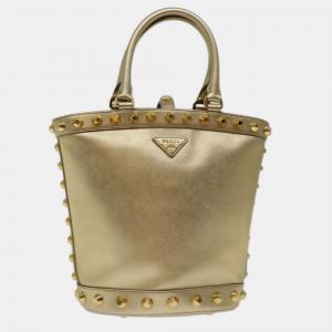 Prada Metallic Gold Saffiano Vernice Studded Bucket Bag
