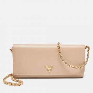 Pre Owned Prada Beige Saffiano Metal Leather Logo Flap Wallet On Chain