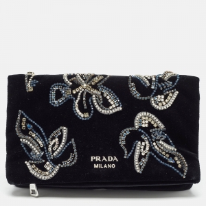 Prada Black Velvet Crystals Embellished Fold Over Clutch